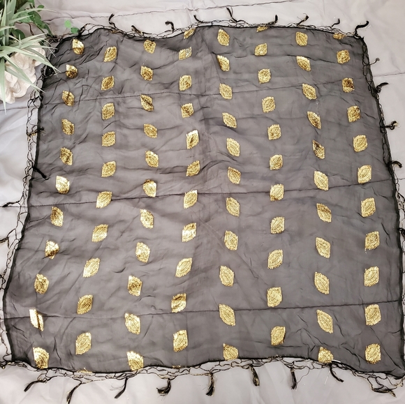 Dressy Black Scarf with Gold leaves - Picture 2 of 2
